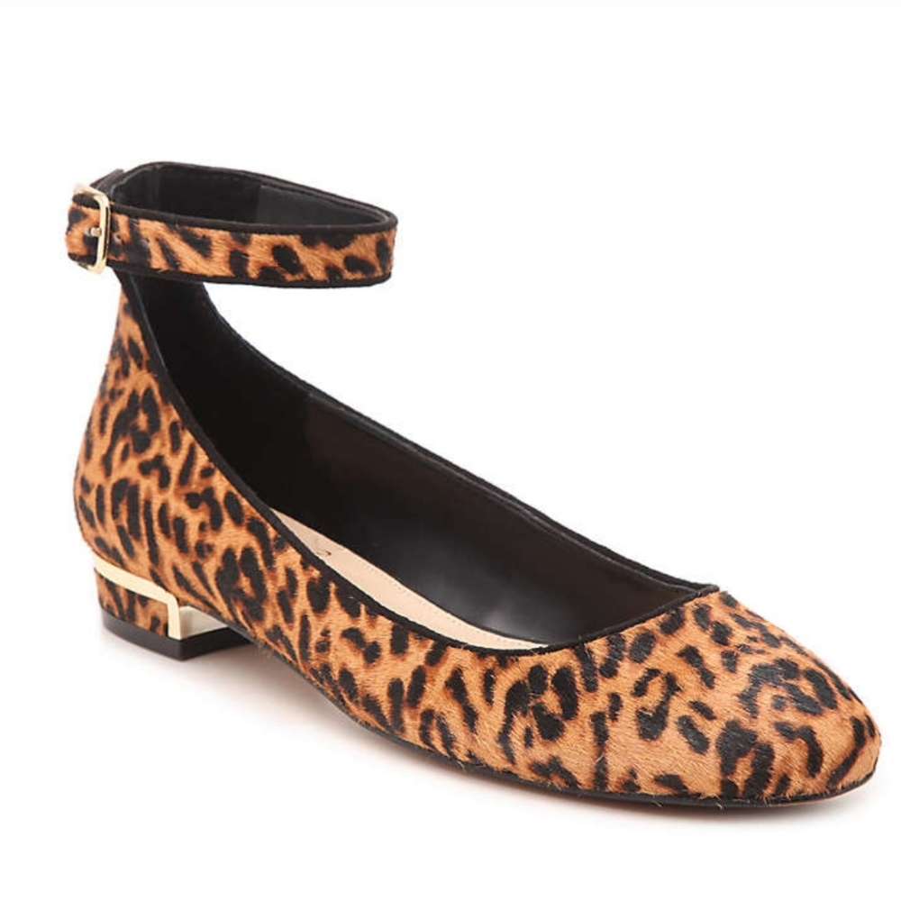 Vince Camuto Attera Cow Hide Leopard Ankle‎ Strap Flats NIB
